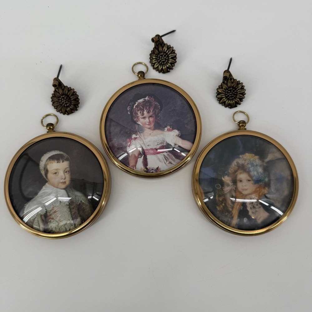 Vintage Peter Bates Miniature Portrait Set w/ 3 Brass Floral Hooks England